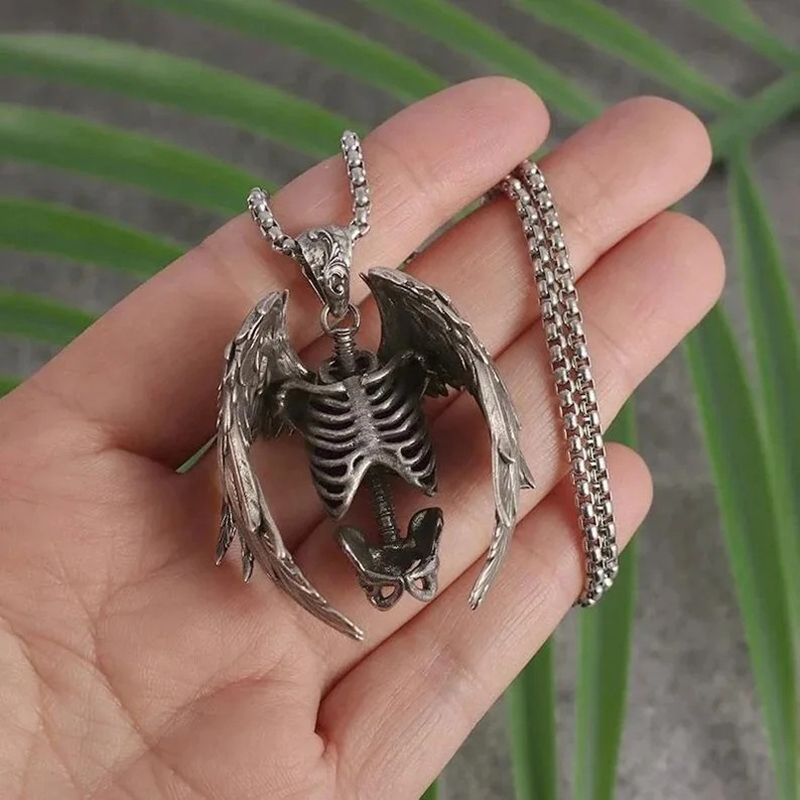 Sternum Skull Bone Wings Necklace