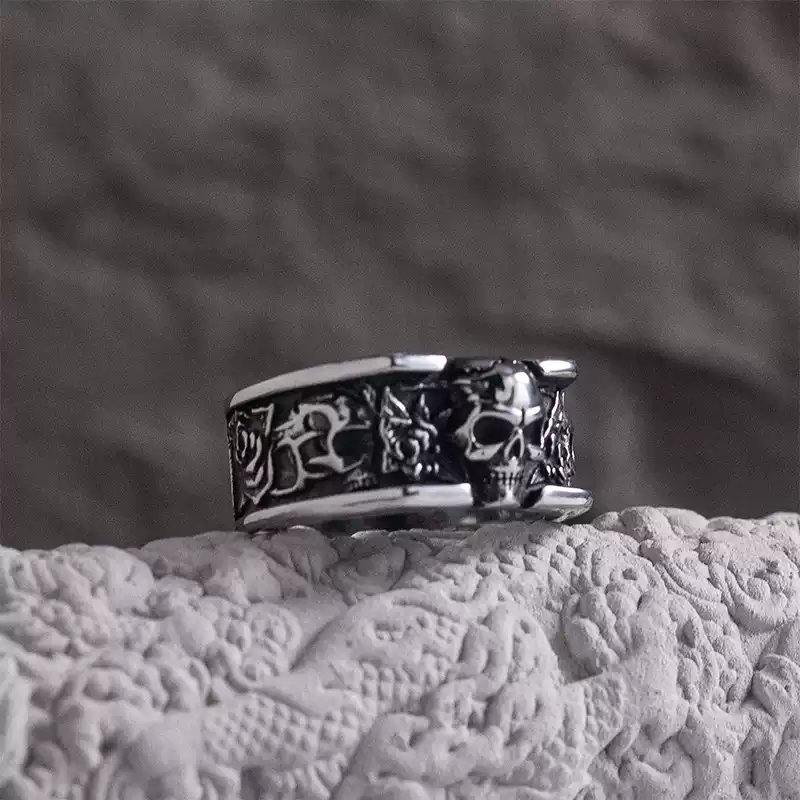 "Death Star" Vintage Dark Skull Rose Square Ring