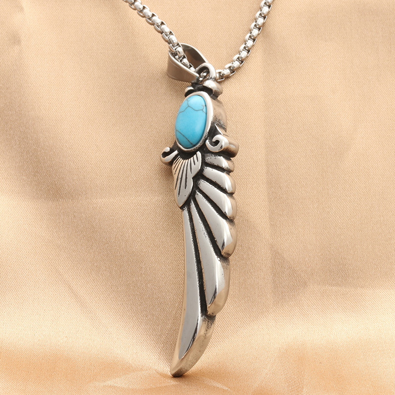 Polished Turquoise Feather Wing Pendant Necklace