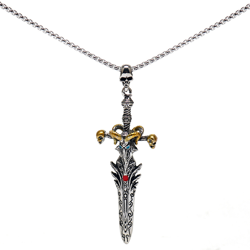 Vintage skull sheep head sword angel sword necklace