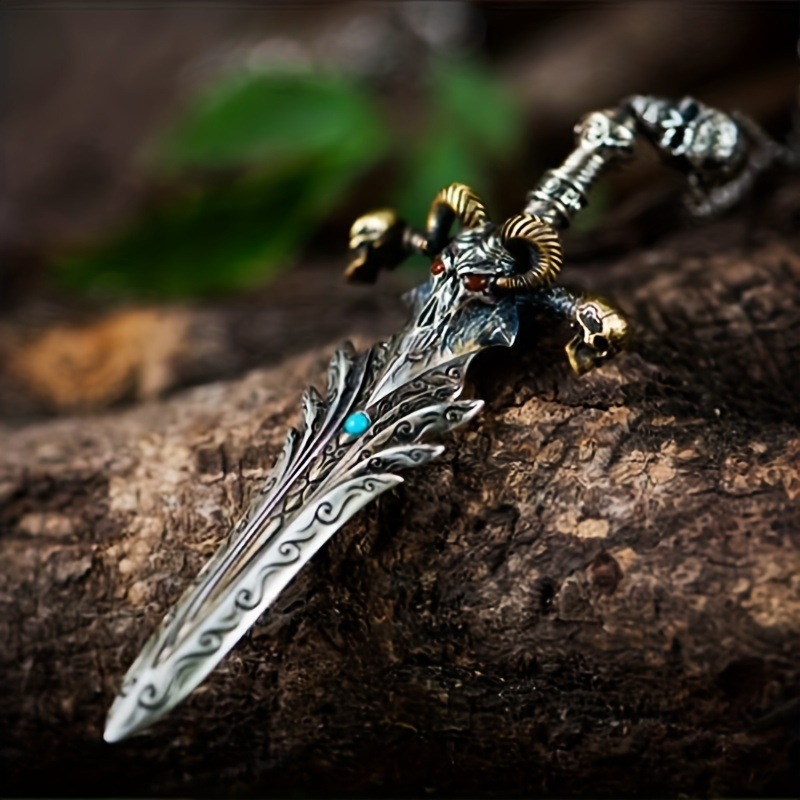 Vintage skull sheep head sword angel sword necklace