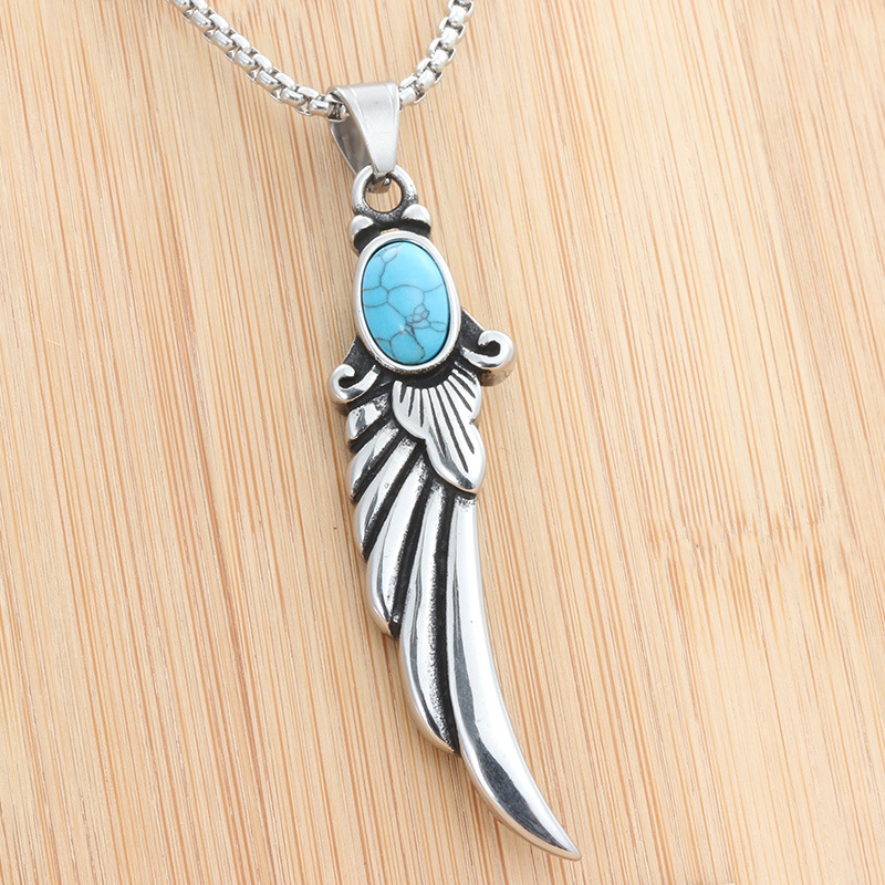 Polished Turquoise Feather Wing Pendant Necklace