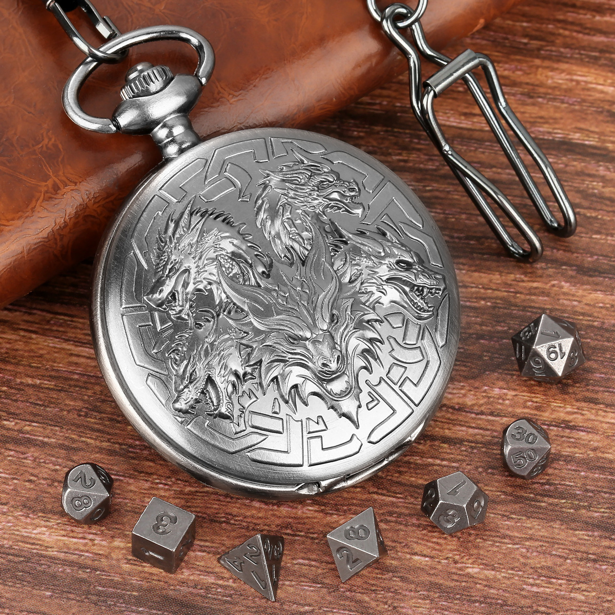 Dragon-Shaped D&D Style Pocket Watch Dice Set 