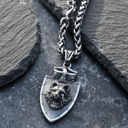 Viking wolf head crow necklace