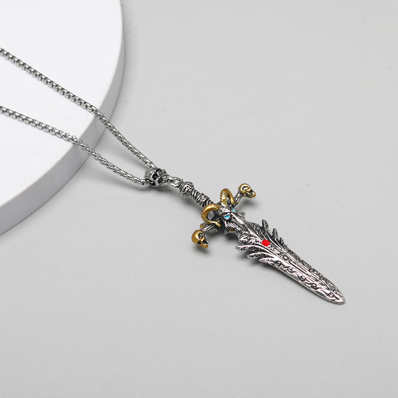 Vintage skull sheep head sword angel sword necklace