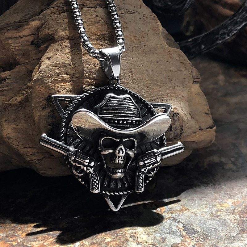 Western Cowboy Skull Double Gun Necklace