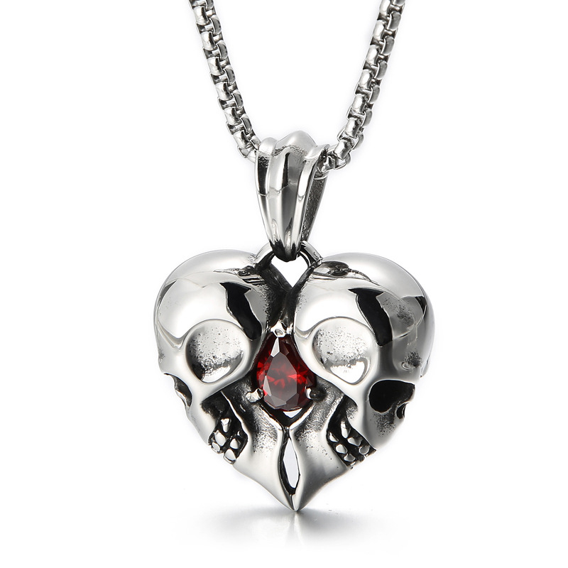 Vintage Heart Gemstone Skull Necklace