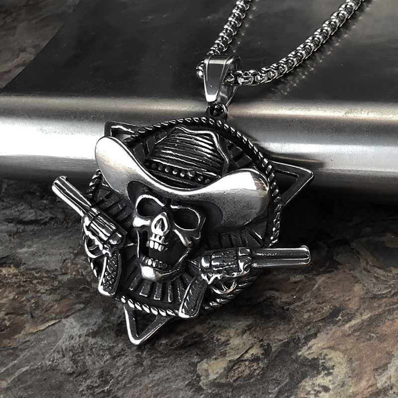 Western Cowboy Skull Double Gun Necklace