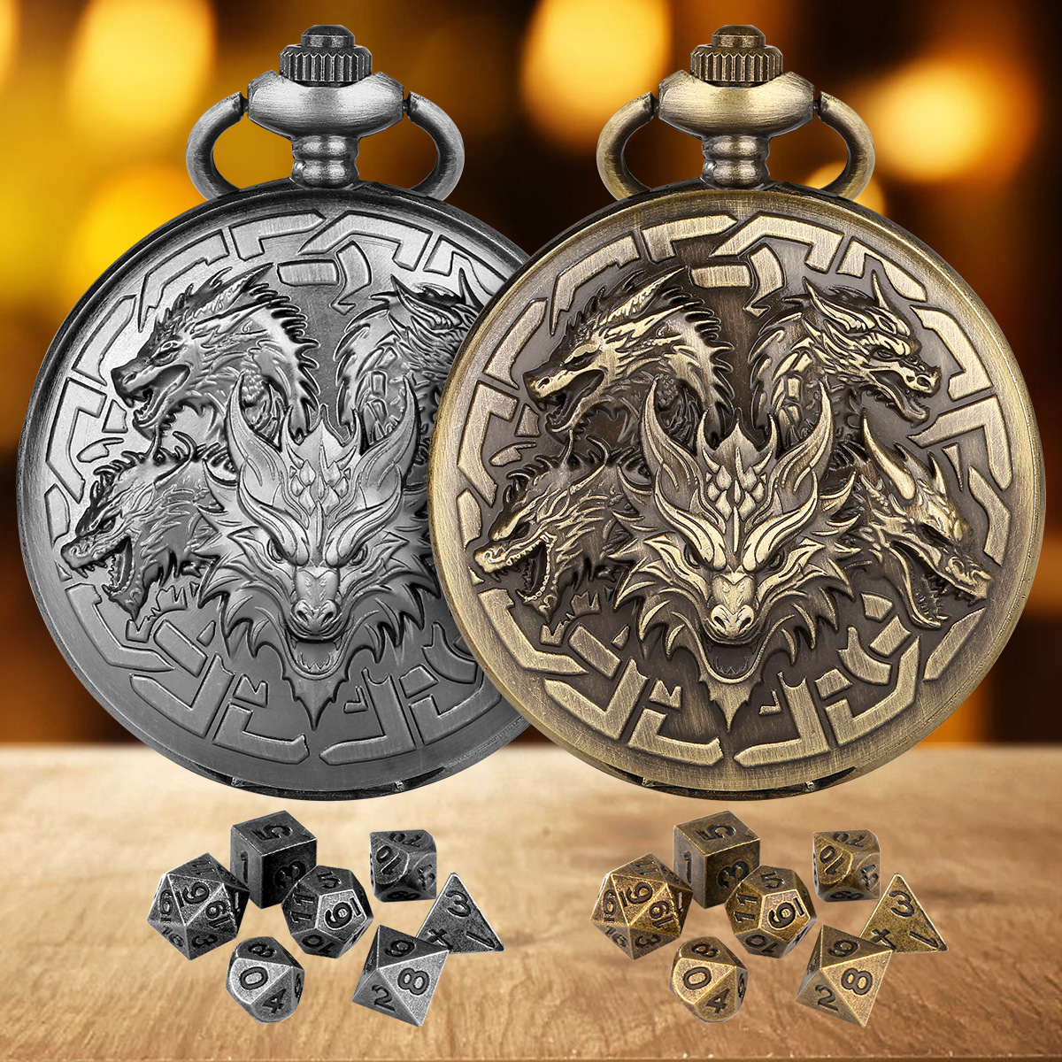 Dragon-Shaped D&D Style Pocket Watch Dice Set 