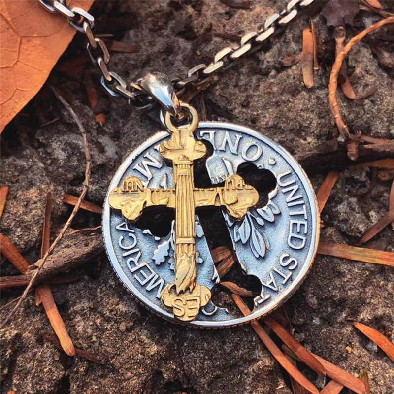 Vintage Cross Necklace Hollow Wandering Coin