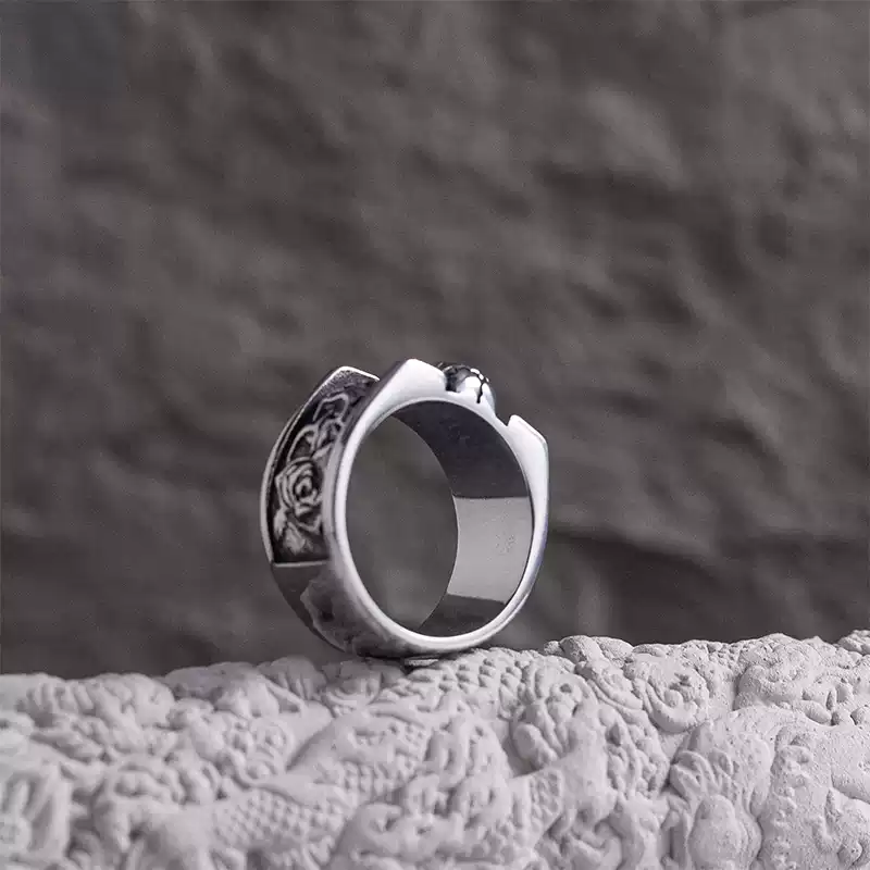 "Death Star" Vintage Dark Skull Rose Square Ring