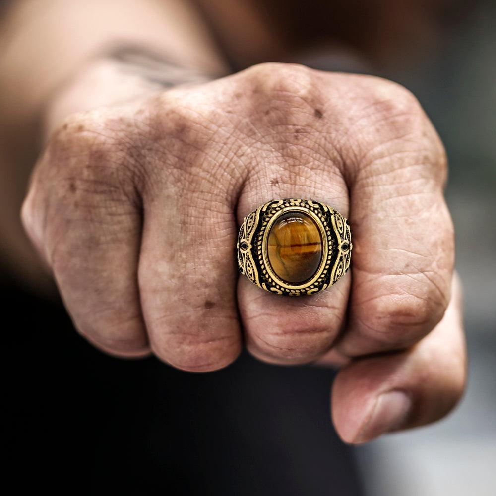 Pattern Tiger's Eye Men's Gemstone Ring - Viking Jewelry - Urcsilver