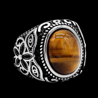 Pattern Tiger's Eye Men's Gemstone Ring - Viking Jewelry - Urcsilver