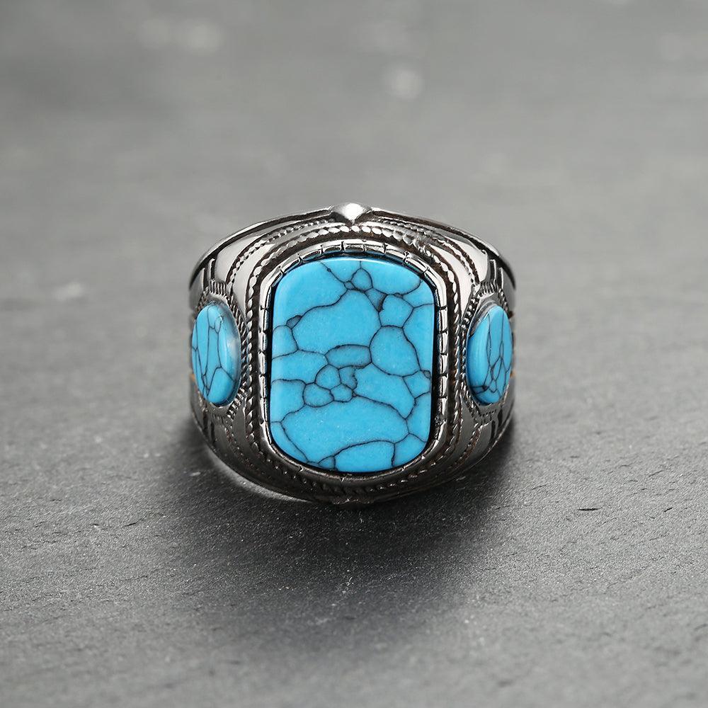 Vintage Turquoise Stainless Steel Stone Ring - Viking Jewelry - Urcsilver