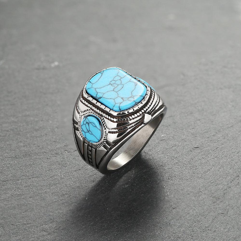 Vintage Turquoise Stainless Steel Stone Ring - Viking Jewelry - Urcsilver