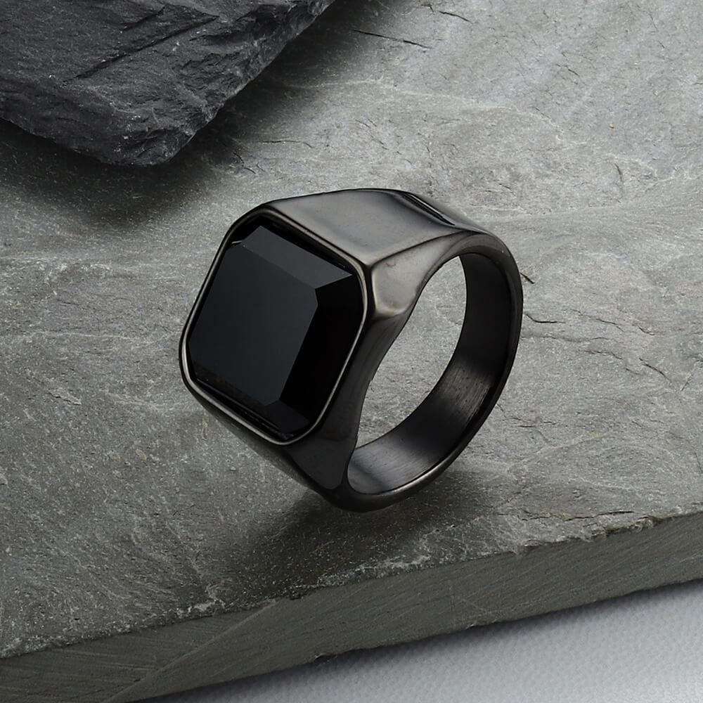 Black Gem Stone Stainless Steel Ring - Viking Jewelry - Urcsilver