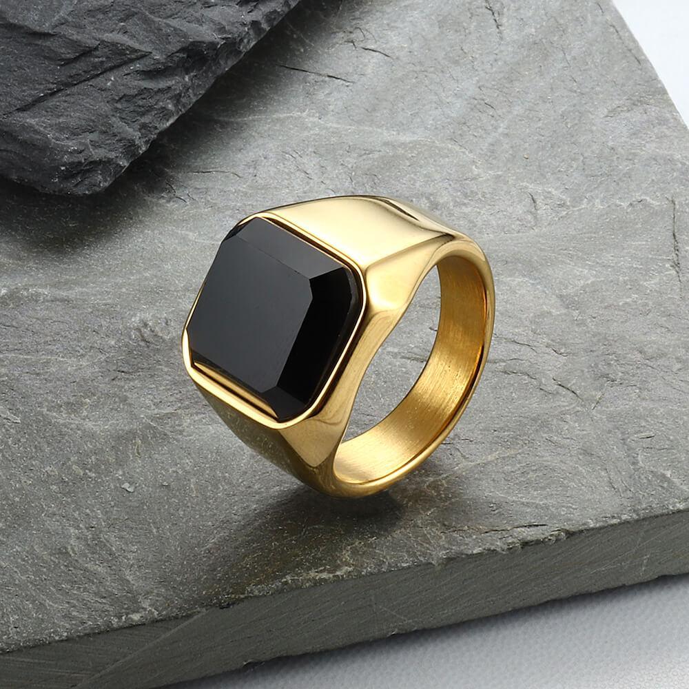 Black Gem Stone Stainless Steel Ring - Viking Jewelry - Urcsilver