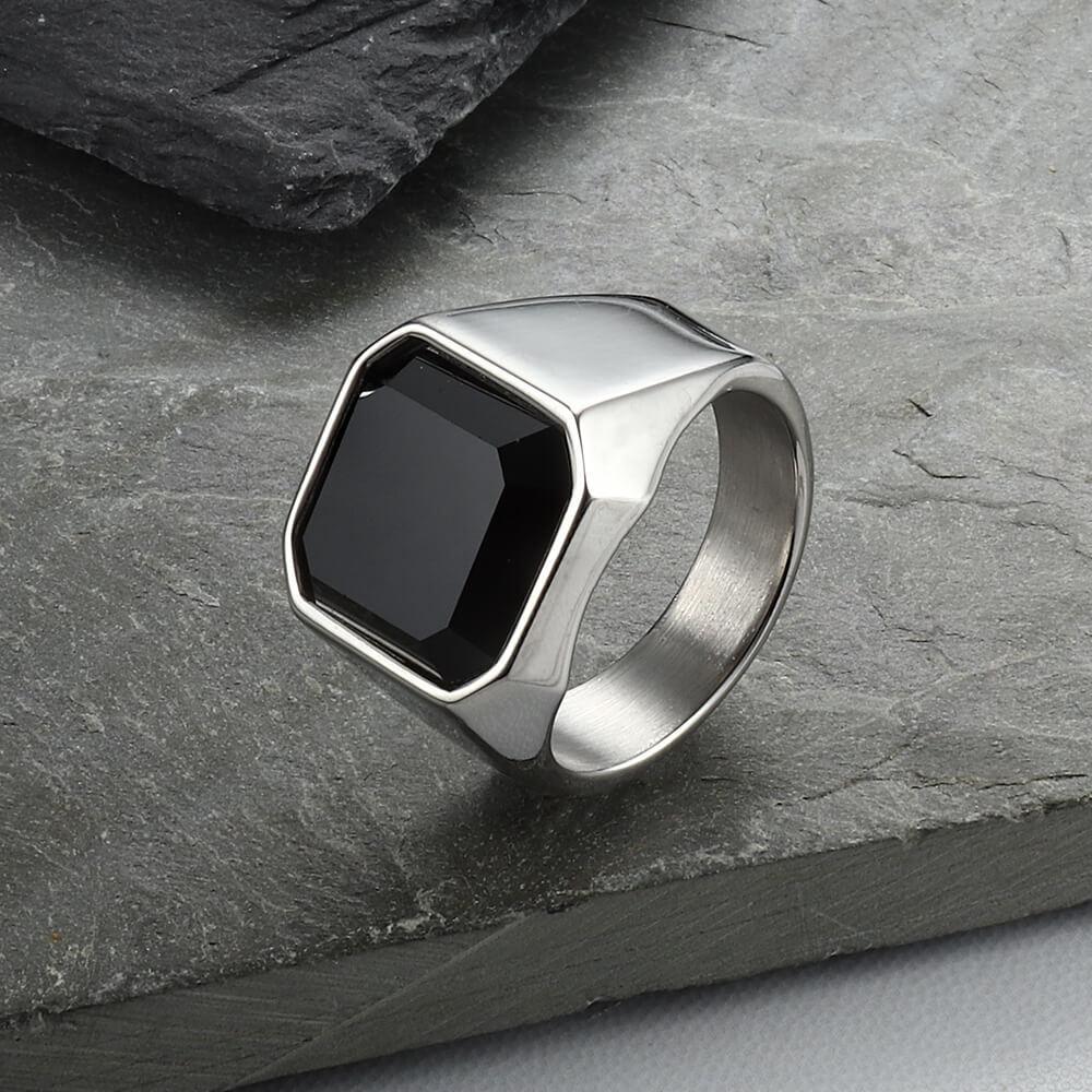 Black Gem Stone Stainless Steel Ring - Viking Jewelry - Urcsilver
