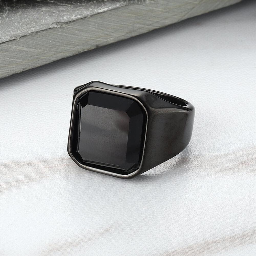 Black Gem Stone Stainless Steel Ring - Viking Jewelry - Urcsilver