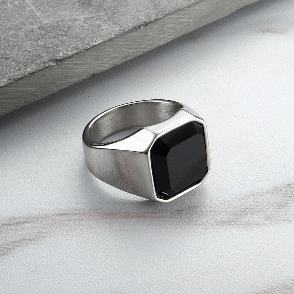 Black Gem Stone Stainless Steel Ring - Viking Jewelry - Urcsilver