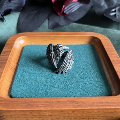 Vintage dark black crow open adjustable ring