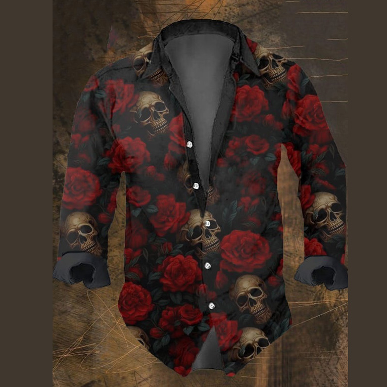 Men's Vintage Dark Skull Print Long Sleeve Shirt