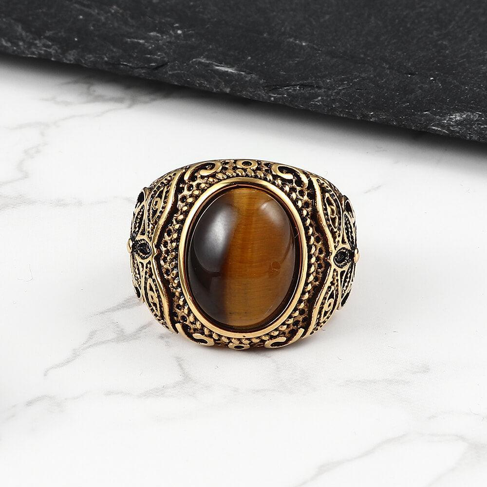 Pattern Tiger's Eye Men's Gemstone Ring - Viking Jewelry - Urcsilver