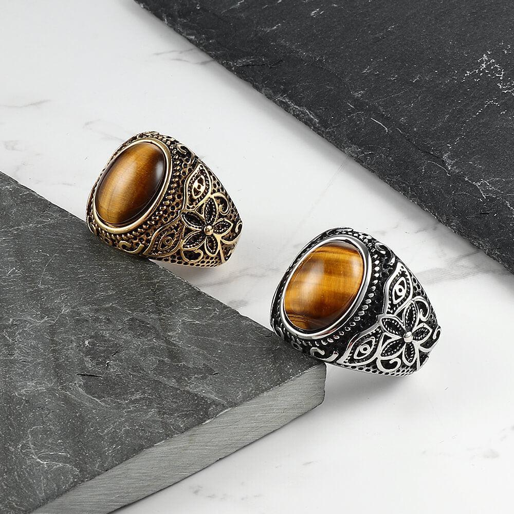 Pattern Tiger's Eye Men's Gemstone Ring - Viking Jewelry - Urcsilver