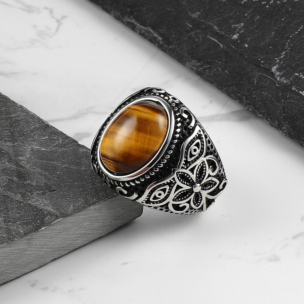 Pattern Tiger's Eye Men's Gemstone Ring - Viking Jewelry - Urcsilver