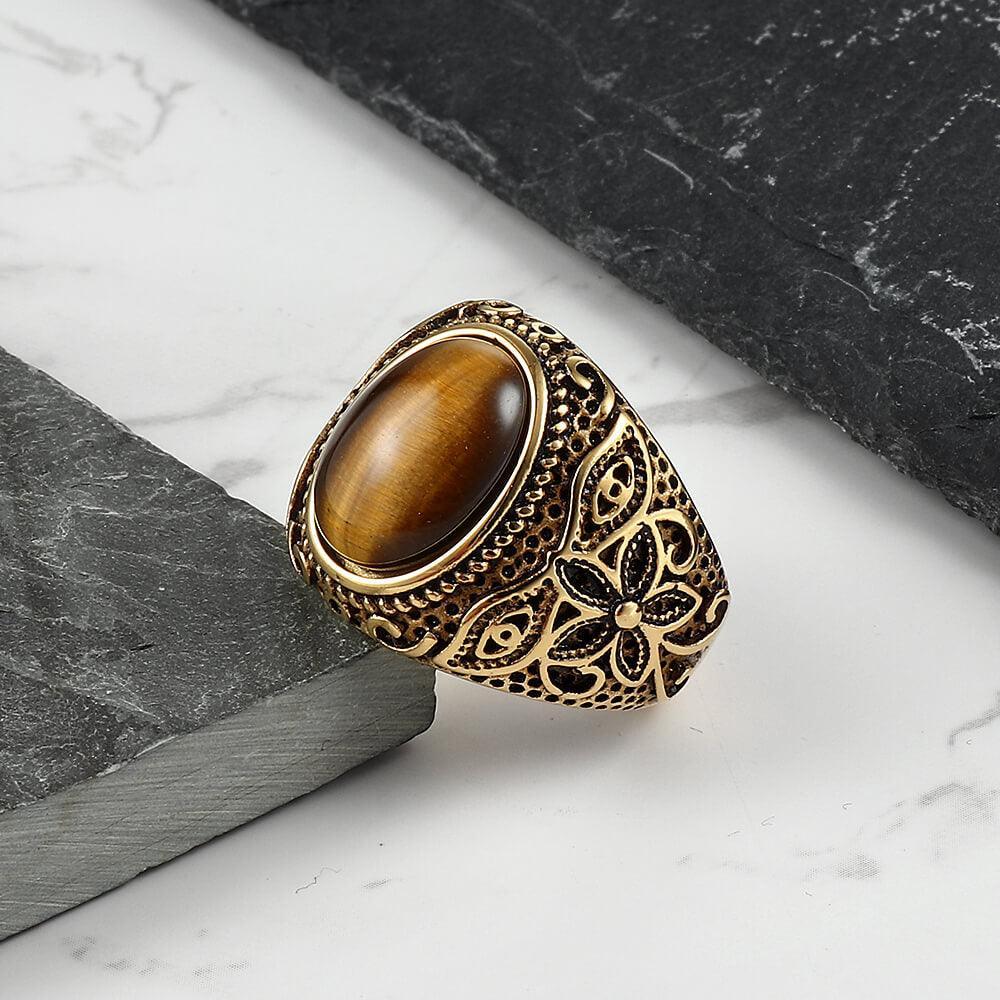 Pattern Tiger's Eye Men's Gemstone Ring - Viking Jewelry - Urcsilver