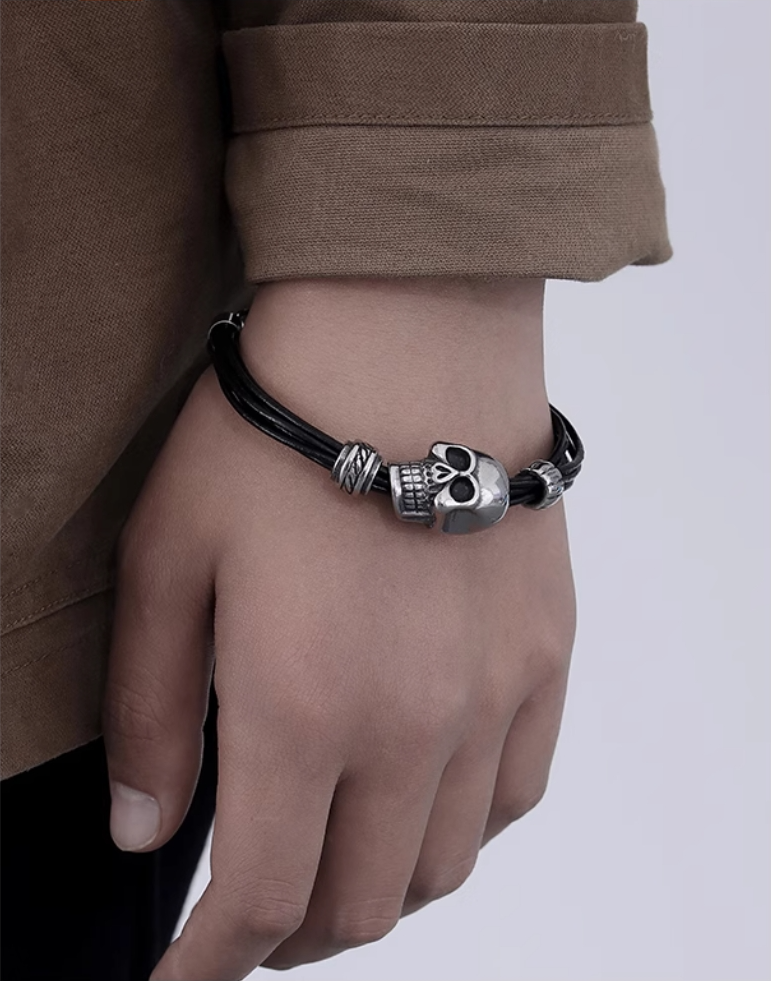 Punk skull leather bracelet