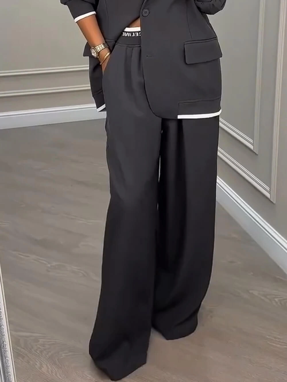 Fashion Sports Style Ribbed Colorblock Lapel Blazer and Elastic Waist Pocket Loose Pants Set