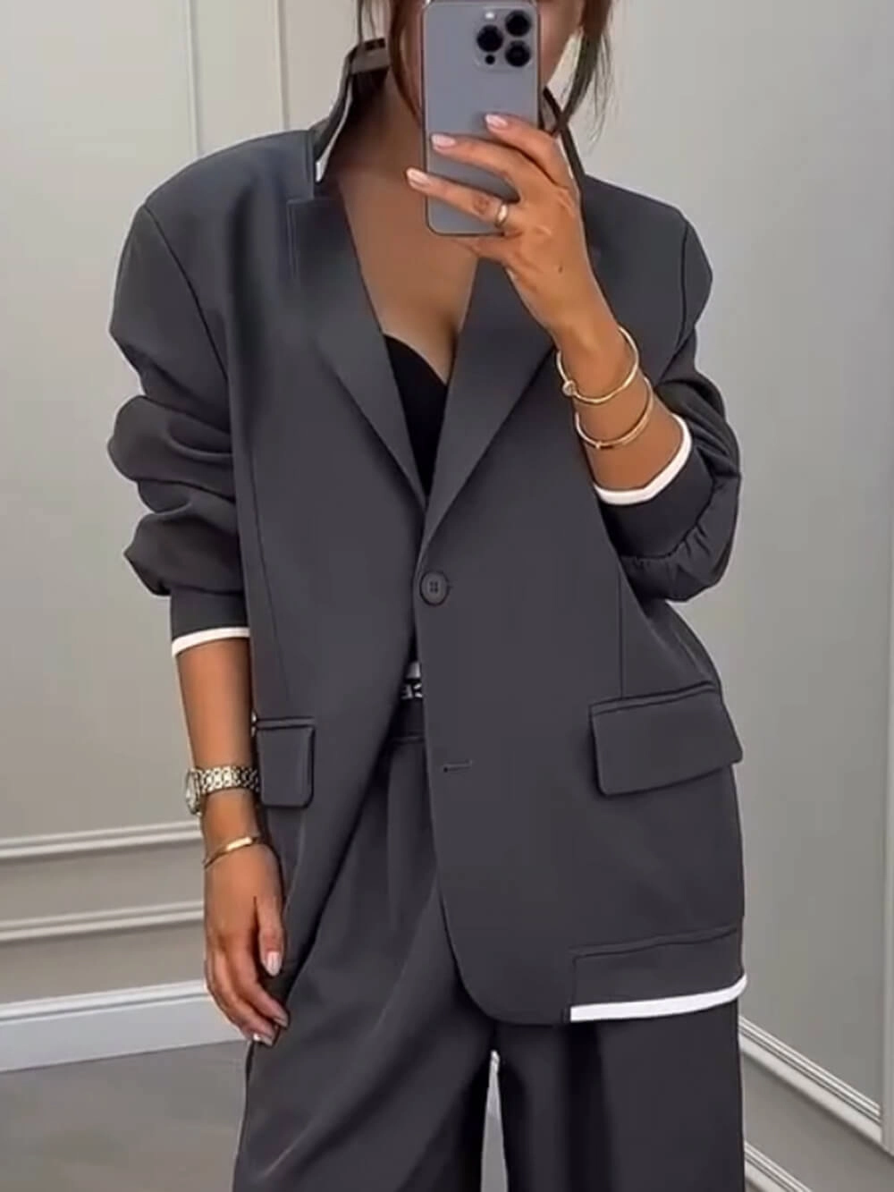 Fashion Sports Style Ribbed Colorblock Lapel Blazer and Elastic Waist Pocket Loose Pants Set