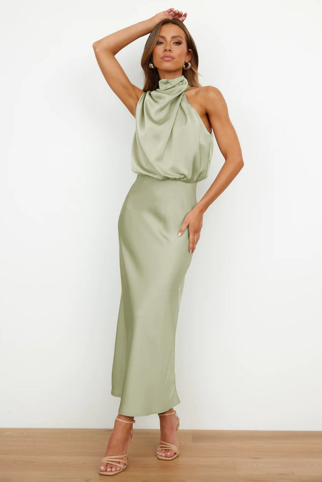 Satin High Neck Keyhole Back Sleeveless Bias-Cut A-Line Maxi Dress