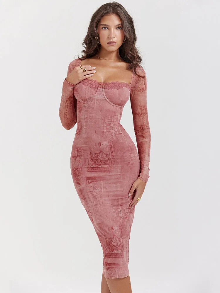 Ootddress-Long Sleeve Printed Dress for Women, Bodycon Lace Midi Dress, Elegant Party Evening Dress, Square Neck, Autumn,