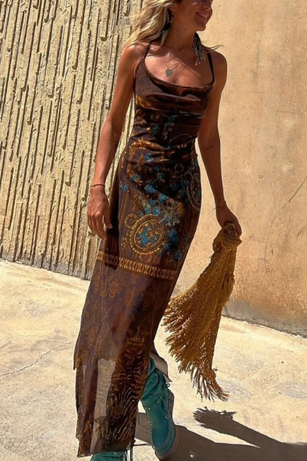 Baroque Print Lace Up Cross Back Halter High Split Maxi Two-Piece Set