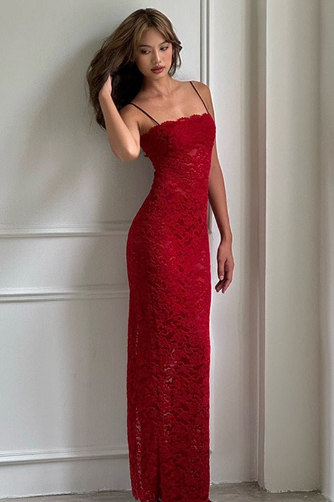 Floral Lace Scallop Trim Spaghetti Strap Bodycon Maxi Dress
