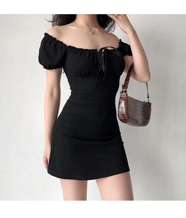 Summer Sexy Mini Dress Women Short Sleeved Lace up Hollow Casual Backless Folds Bodycon Black Dress Party Elegant A-LINE Dresses