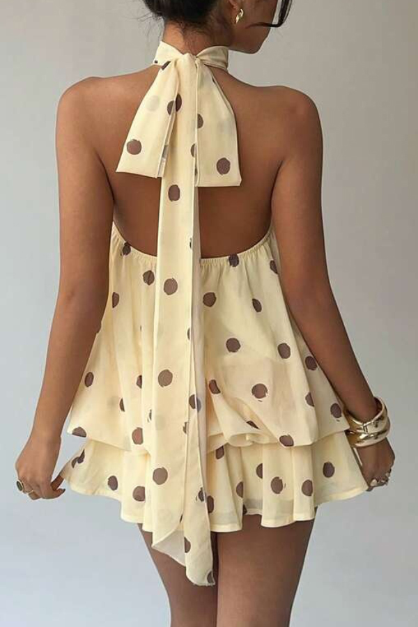 Fashionable Chiffon Halter Neck Backless Lace-up Casual Vacation Mini Dress