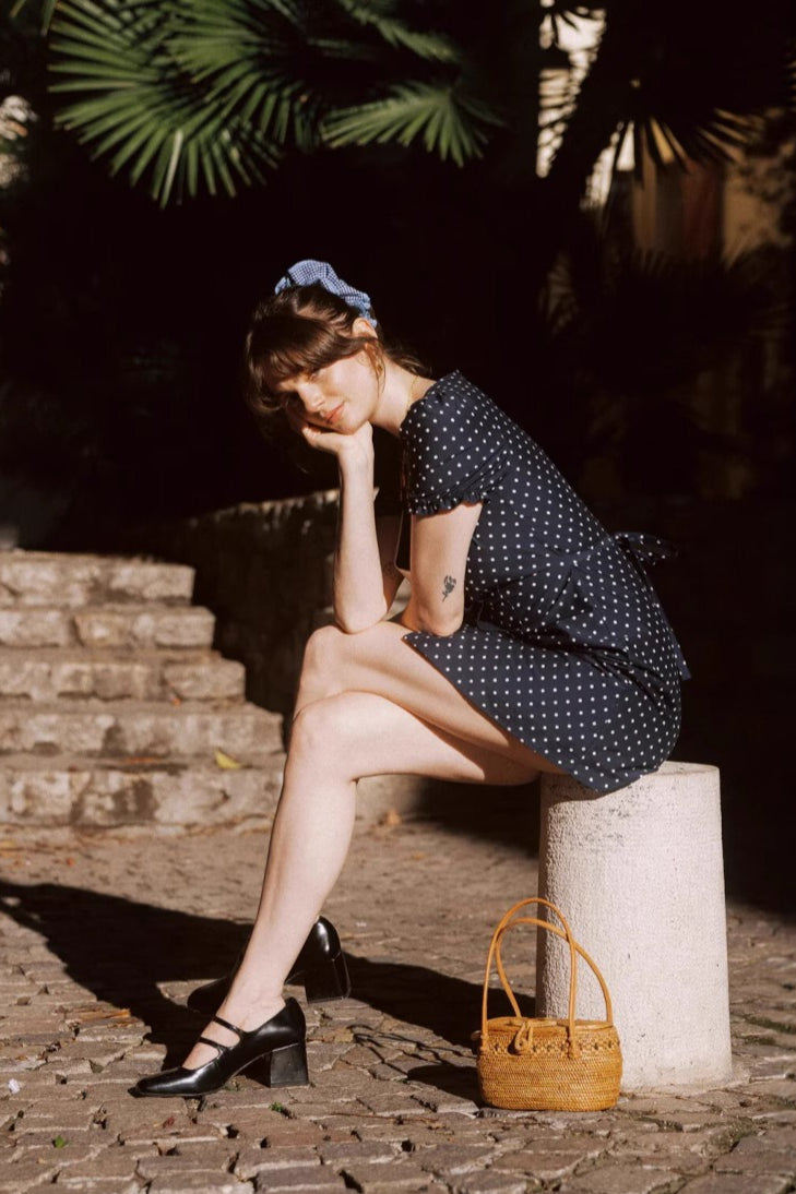 Polka Dot Peter Pan Collar Puff Sleeve Button Front Fit and Flare Mini Dress