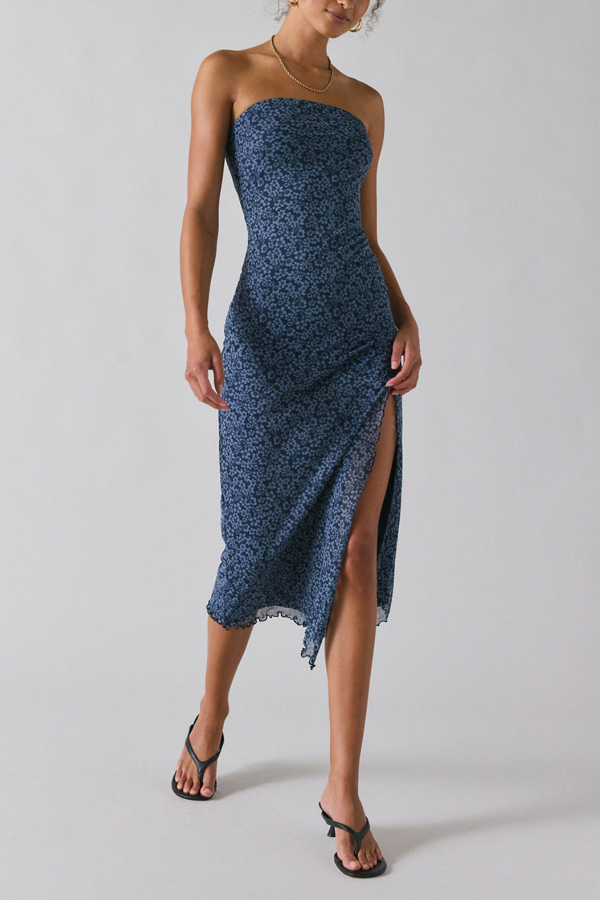 Mesh Tie-dye Slit Strapless Maxi Dress