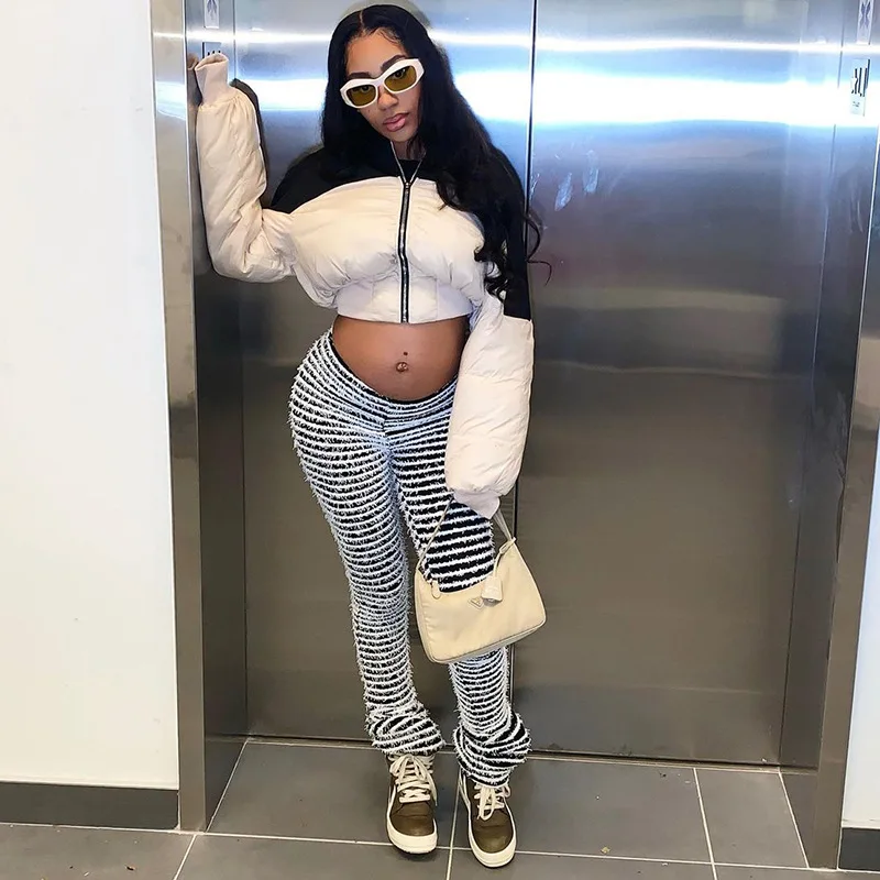 Ootddress New Stacked Leggings Pants Ladies Casual Contrast Color Black And White Sweatpants Y2k Streetwear Hem Flare Women's Pants