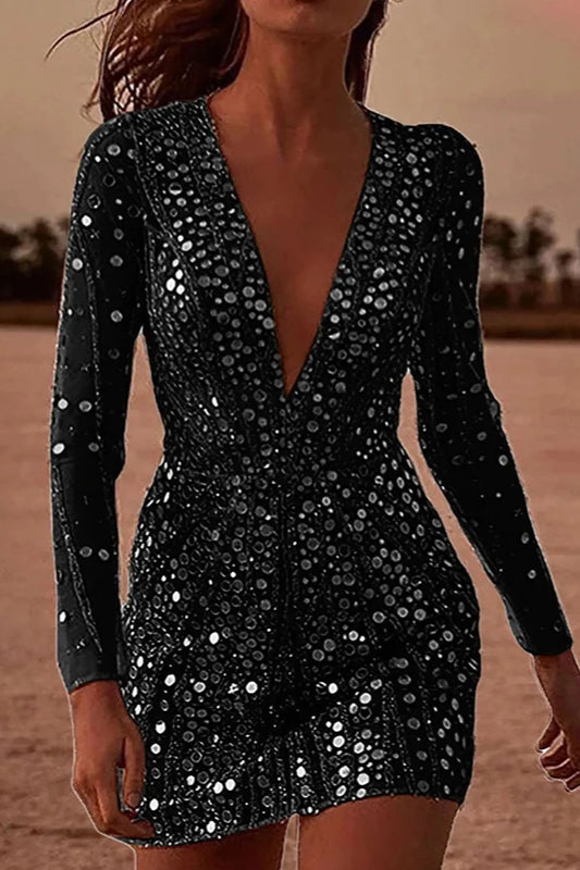 Disc Sequin Mesh Deep V-Neck Long Sleeve Bodycon Mini Dress
