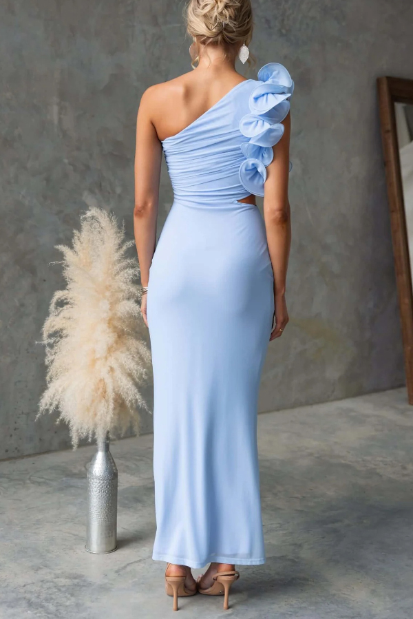 Fashionable Mesh Sleeveless One-shoulder Waist-revealing Maxi Dress