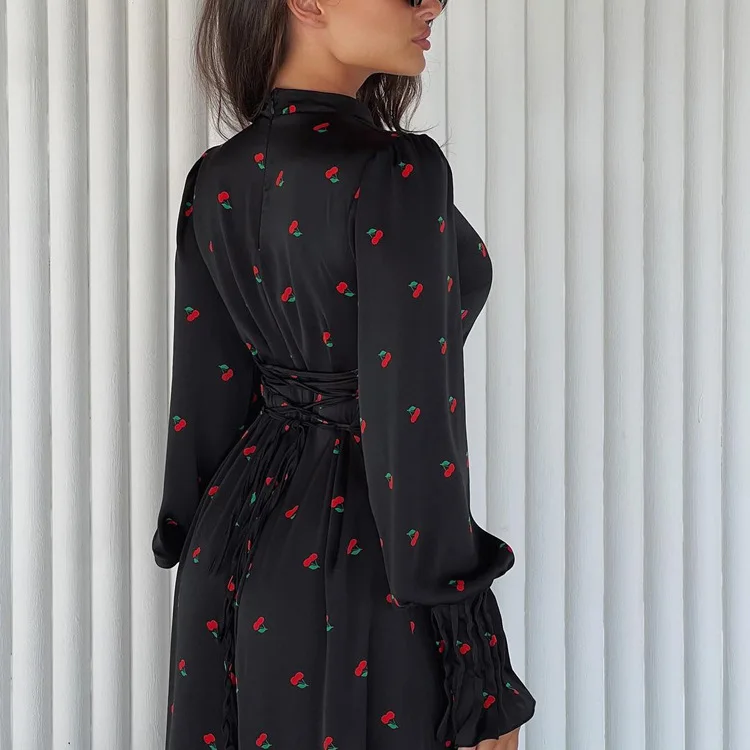 Ootddress Printed Bandage Fashion Long Dress Ladies Elegant Satin High Street Party Dress Casual Long Sleeve Patchwork Maxi Dress
