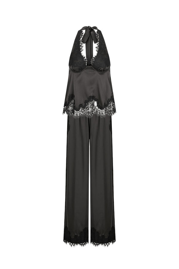 Elegant Morning Satin Lace Trim Halter Tie-up Tank and Elastic Waist Loose Pants Set