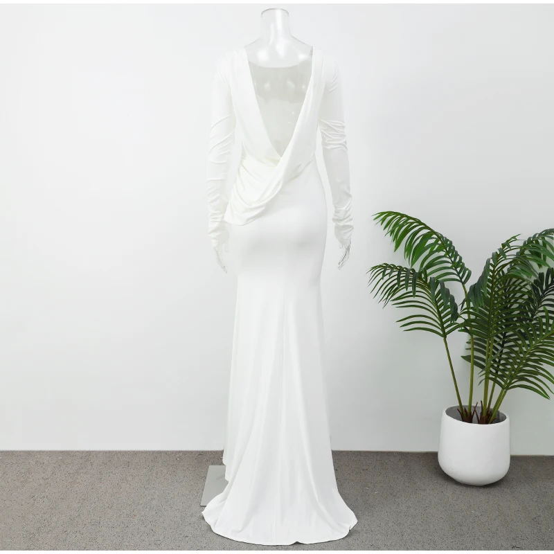 Fashion Solid Hollow Out Maxi Dress For Women Elegant Round Neck Long Sleeve Backless Slim Dresses 2025 New Female Evening Gowns
