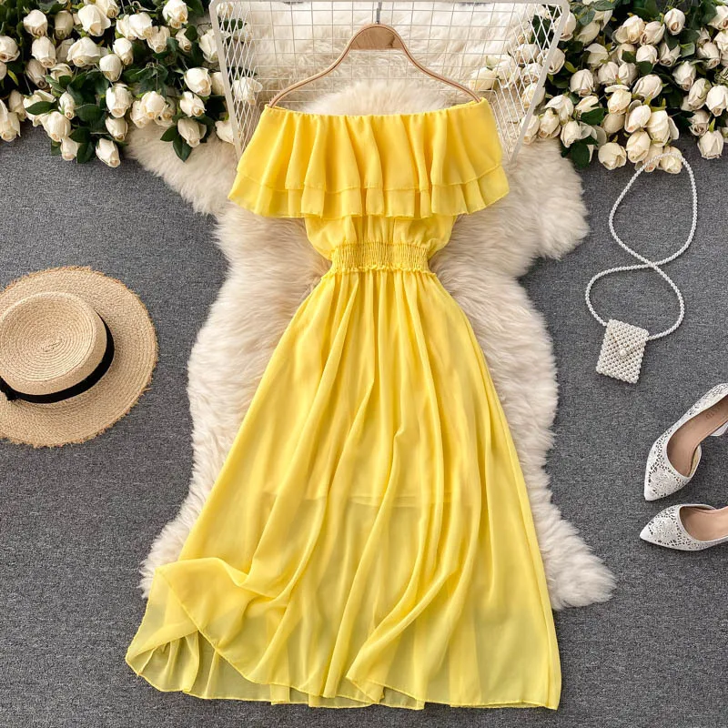 Women Chiffon Beach Dress Sexy Double Layer Ruffled Off The Shoulder Boho Dresses Ladies Sweet Slash Neck Long Dress 39 Women Chiffon Beach Dress Sexy Double Layer Ruffled Off The Shoulder Boho Dresses Ladies Sweet Slash Neck Long Dress