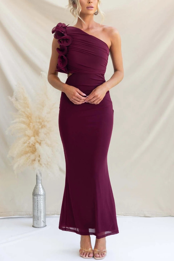 Fashionable Mesh Sleeveless One-shoulder Waist-revealing Maxi Dress