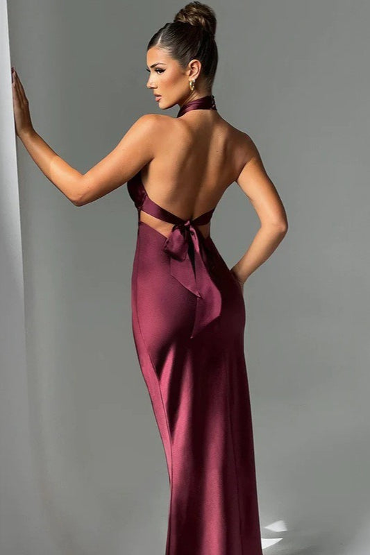 Satin Crossover Halter Gathered Bust Column Maxi Gown